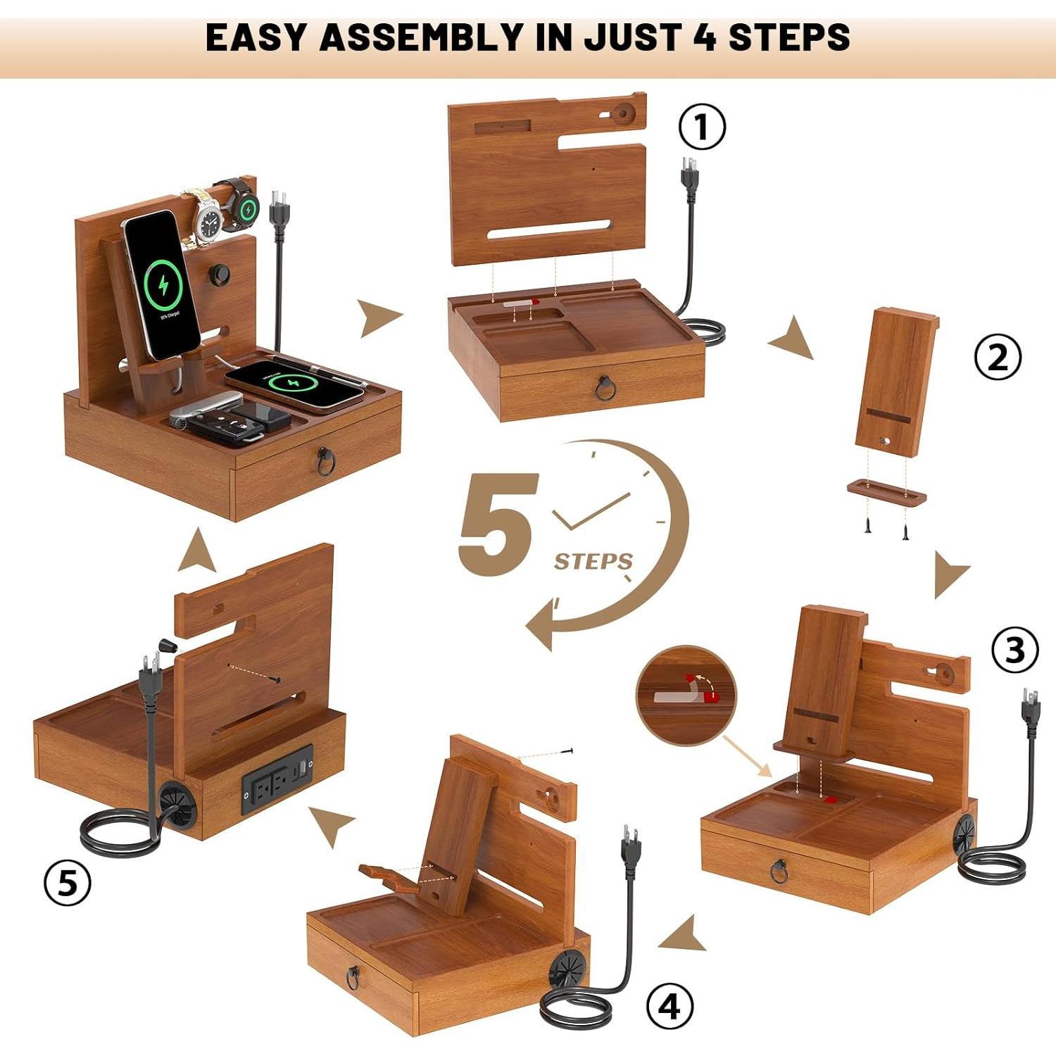 Organizador de Mesita de Noche Zaldia con Estación de Carga USB