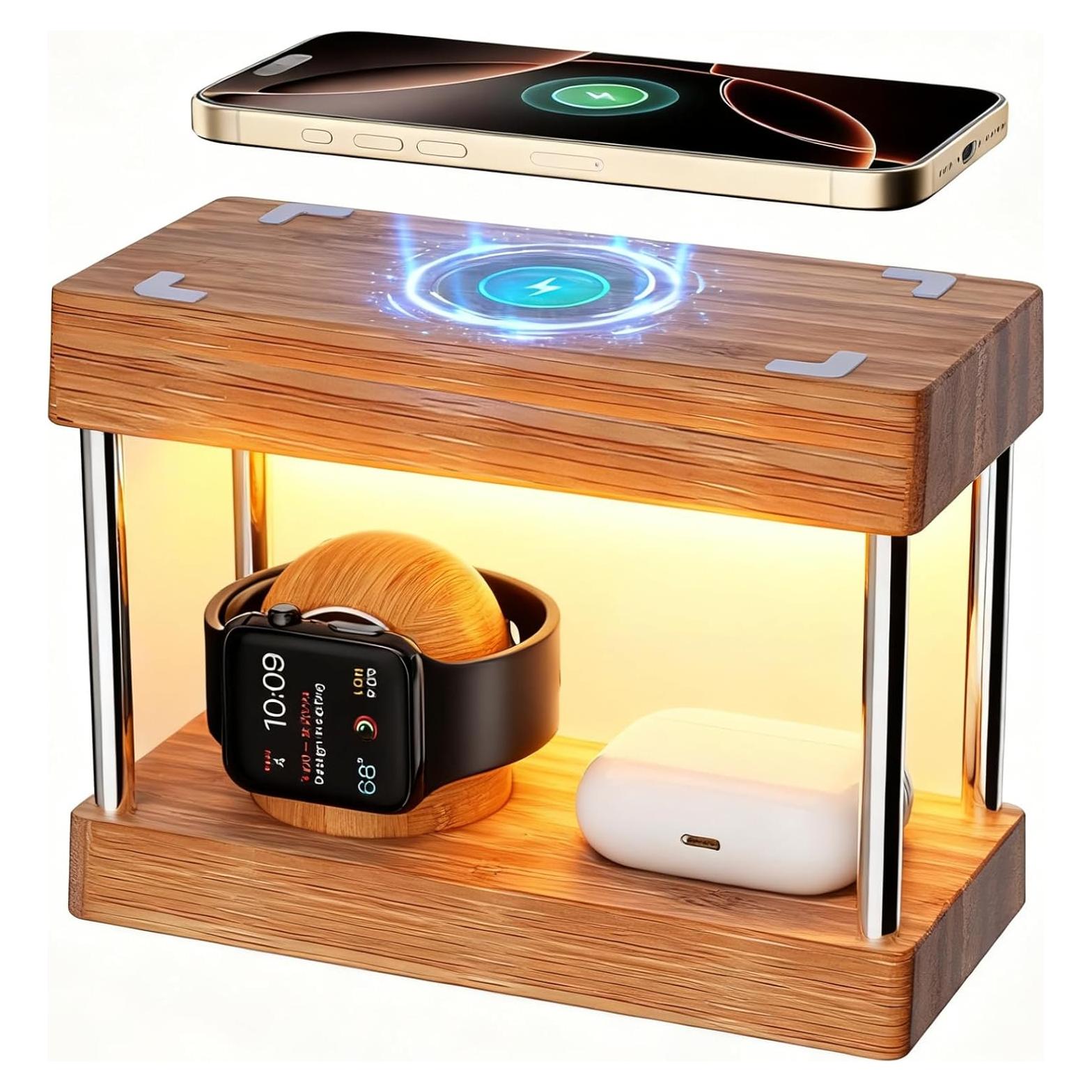 Estación de Carga Inalámbrica de Bambú 4 en 1 con Luz Nocturna