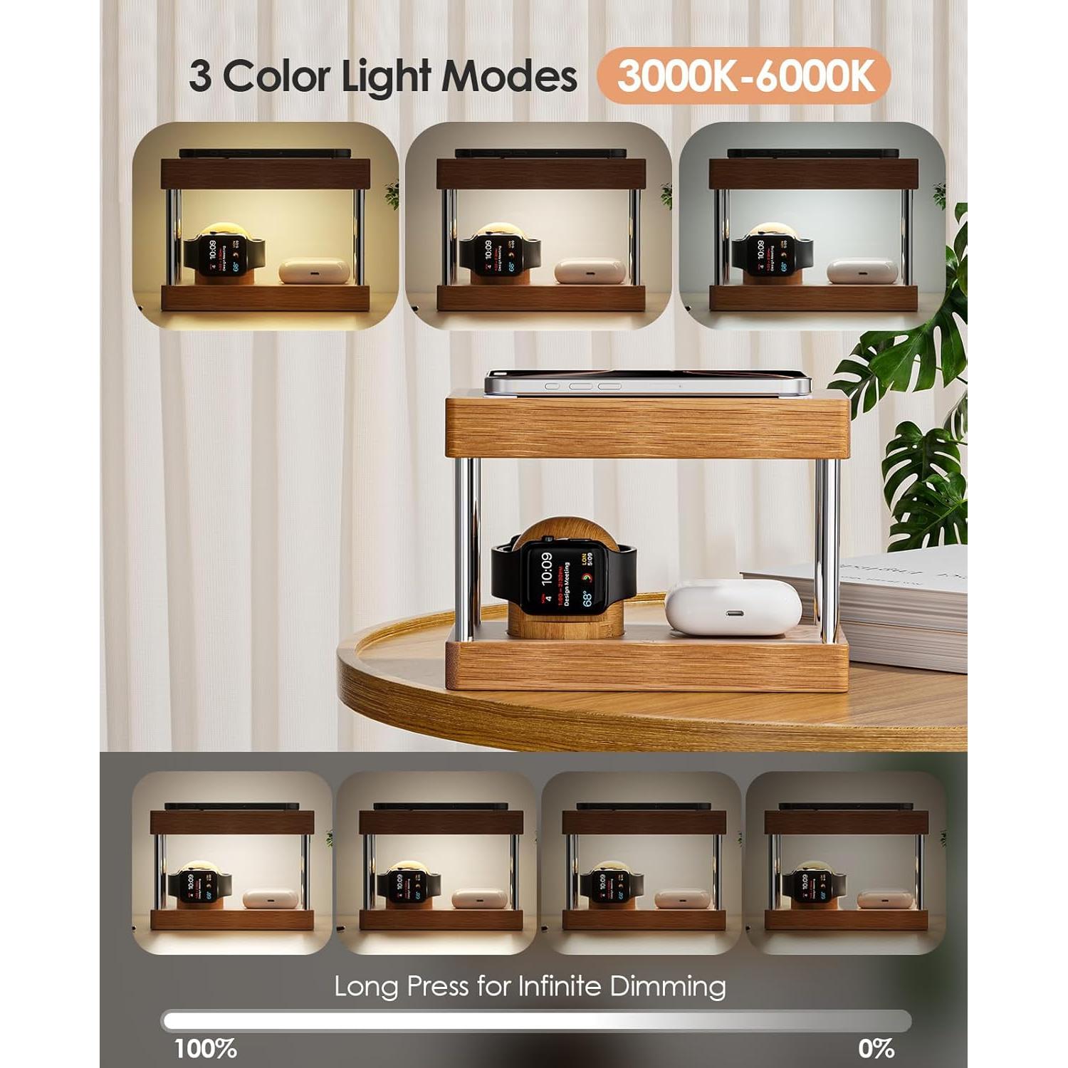 Estación de Carga Inalámbrica de Bambú 4 en 1 con Luz Nocturna