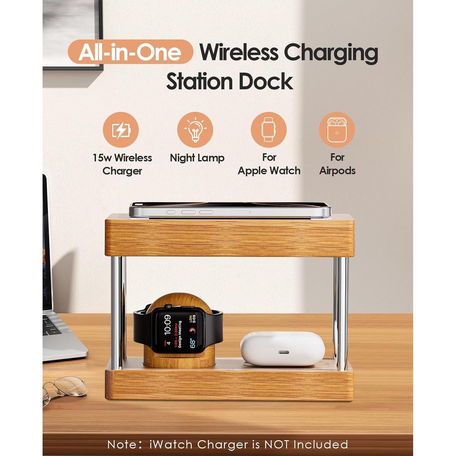 Estación de Carga Inalámbrica de Bambú 4 en 1 con Luz Nocturna