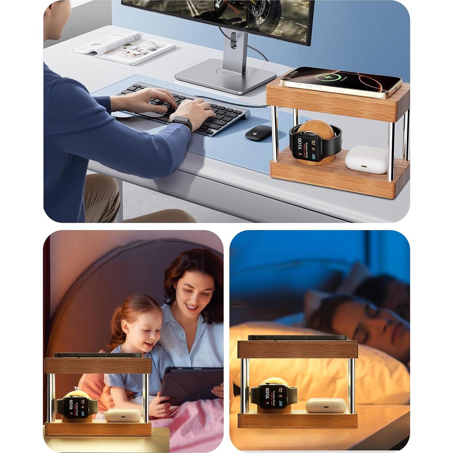 Estación de Carga Inalámbrica de Bambú 4 en 1 con Luz Nocturna