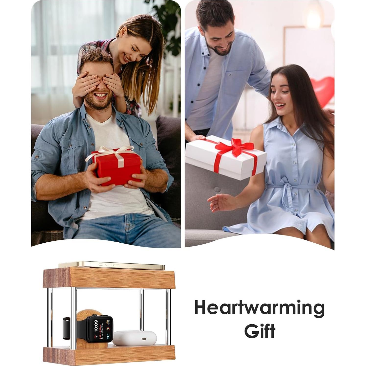 Estación de Carga Inalámbrica de Bambú 4 en 1 con Luz Nocturna