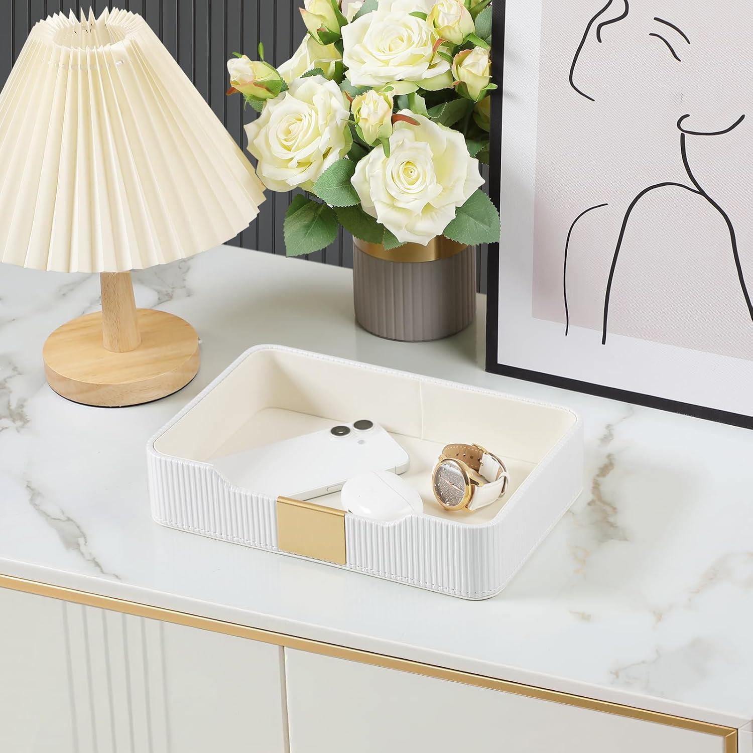 Organizador de Escritorio Cretkhp Bandeja Valet Cuero PU Blanco