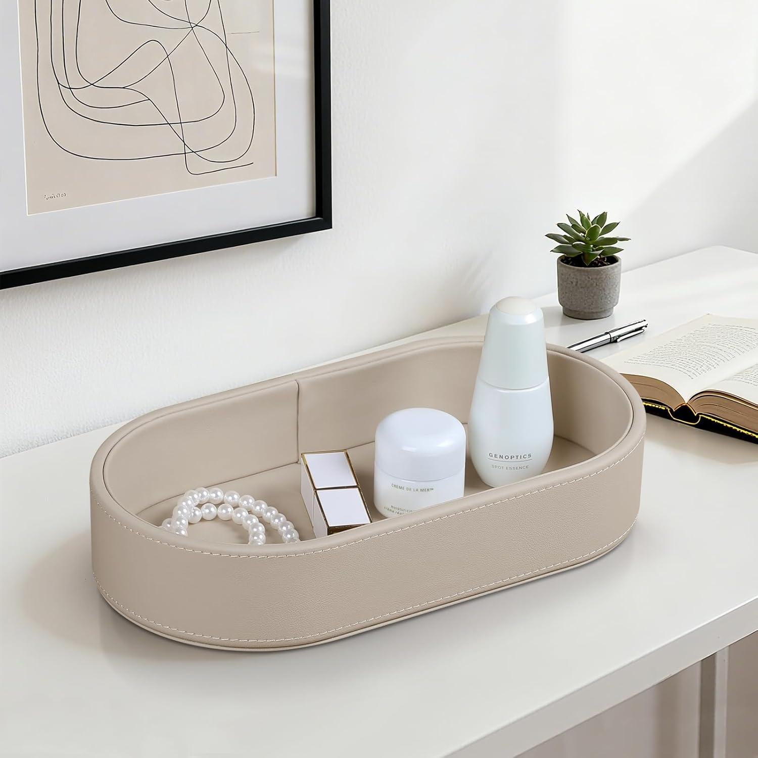 Bandeja Ovalada de Valet NICLNGSH de Cuero PU Beige 27.94x15.24 cm