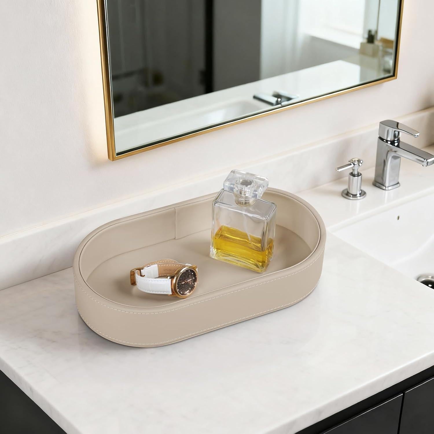 Bandeja Ovalada de Valet NICLNGSH de Cuero PU Beige 27.94x15.24 cm