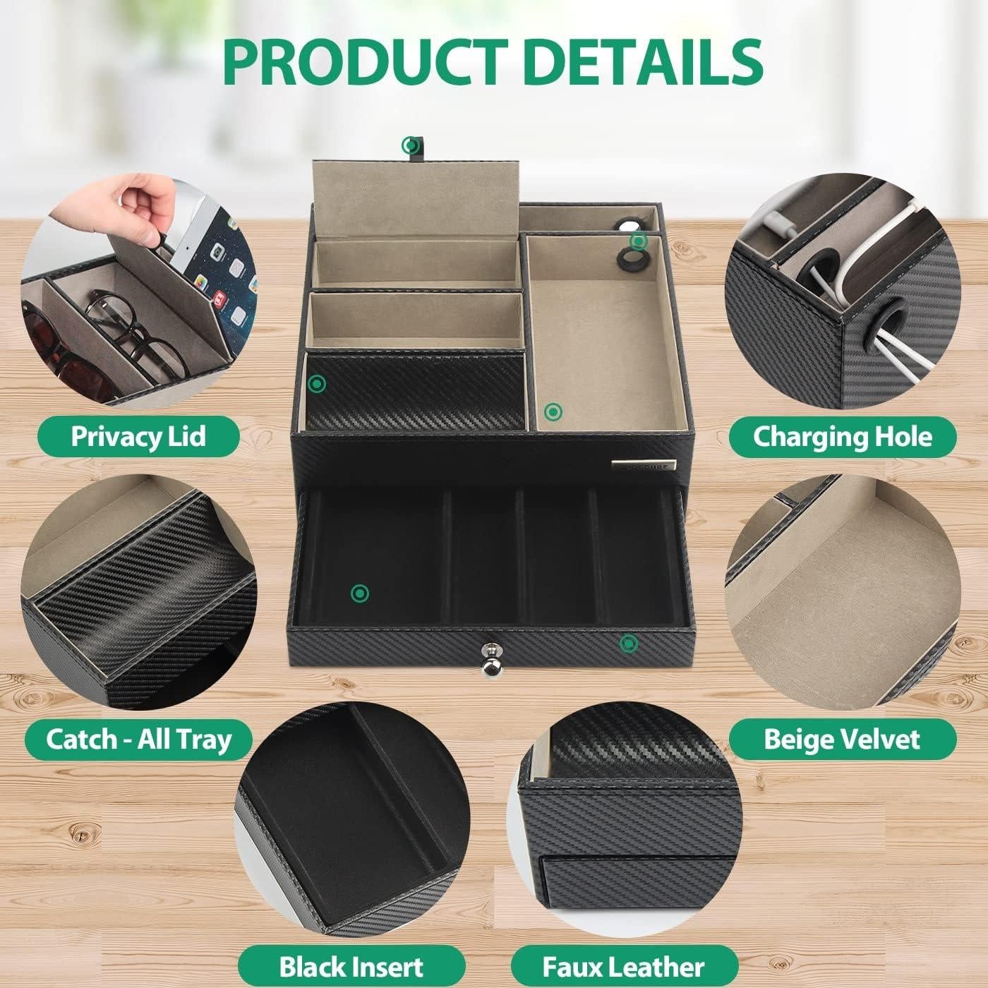 Organizador de Mesita de Noche JackCubeDesign Cuero Negro 28x27cm