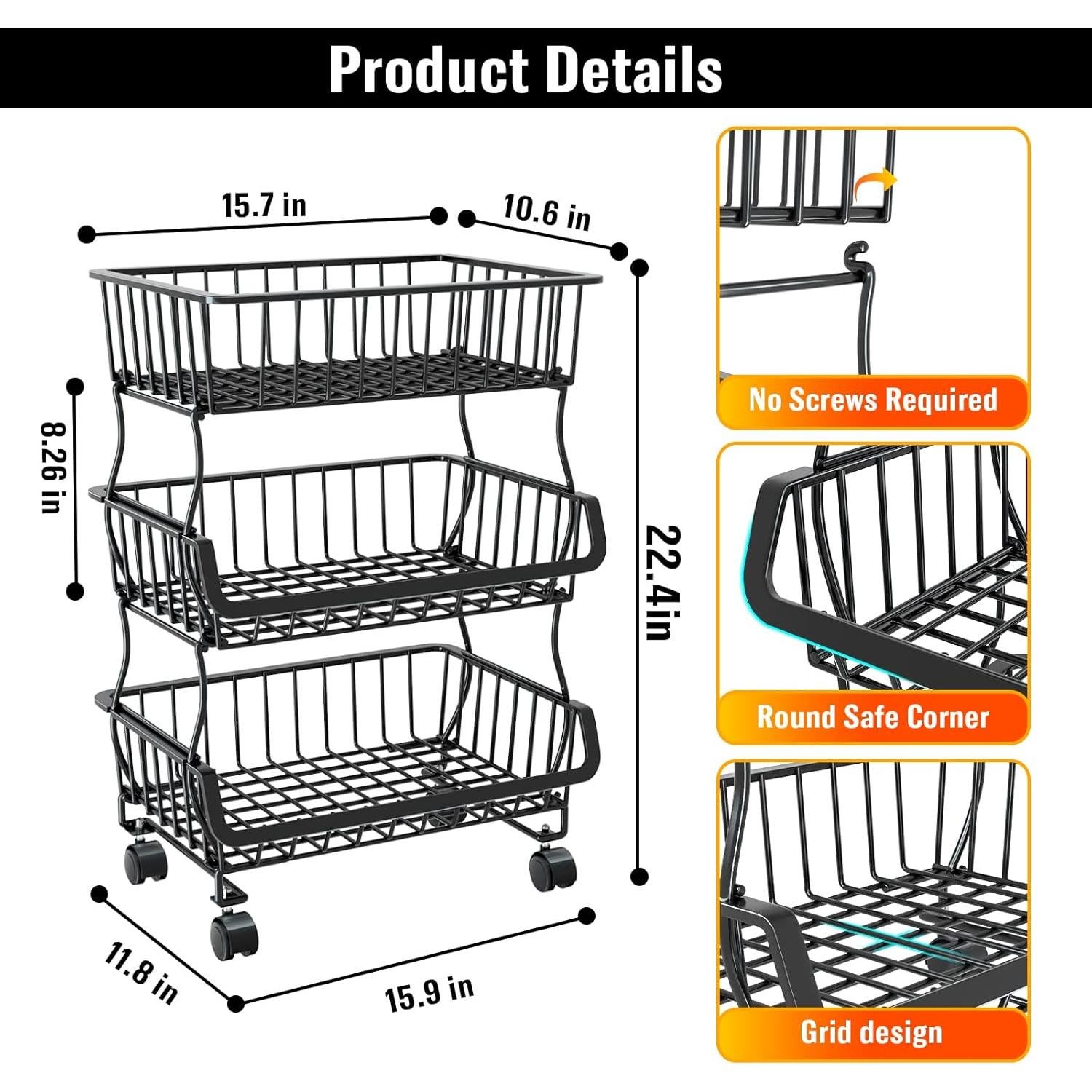 Carrito de Almacenamiento Rodante Gsiekare 3 Niveles Negro