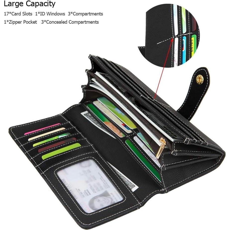 Cartera Bifold de Cuero Vegano para Mujeres 17 Ranuras