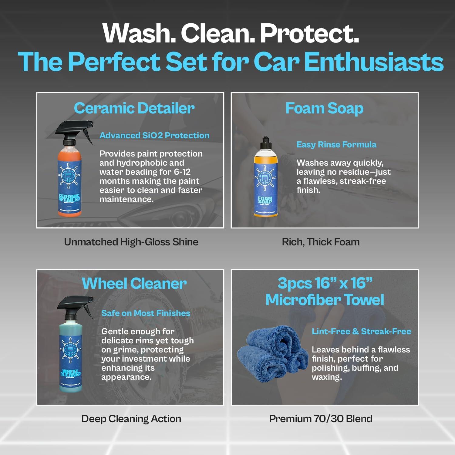 Kit de limpieza exterior Captain's Car Care - Jabón, Limpiador y Spray cerámico