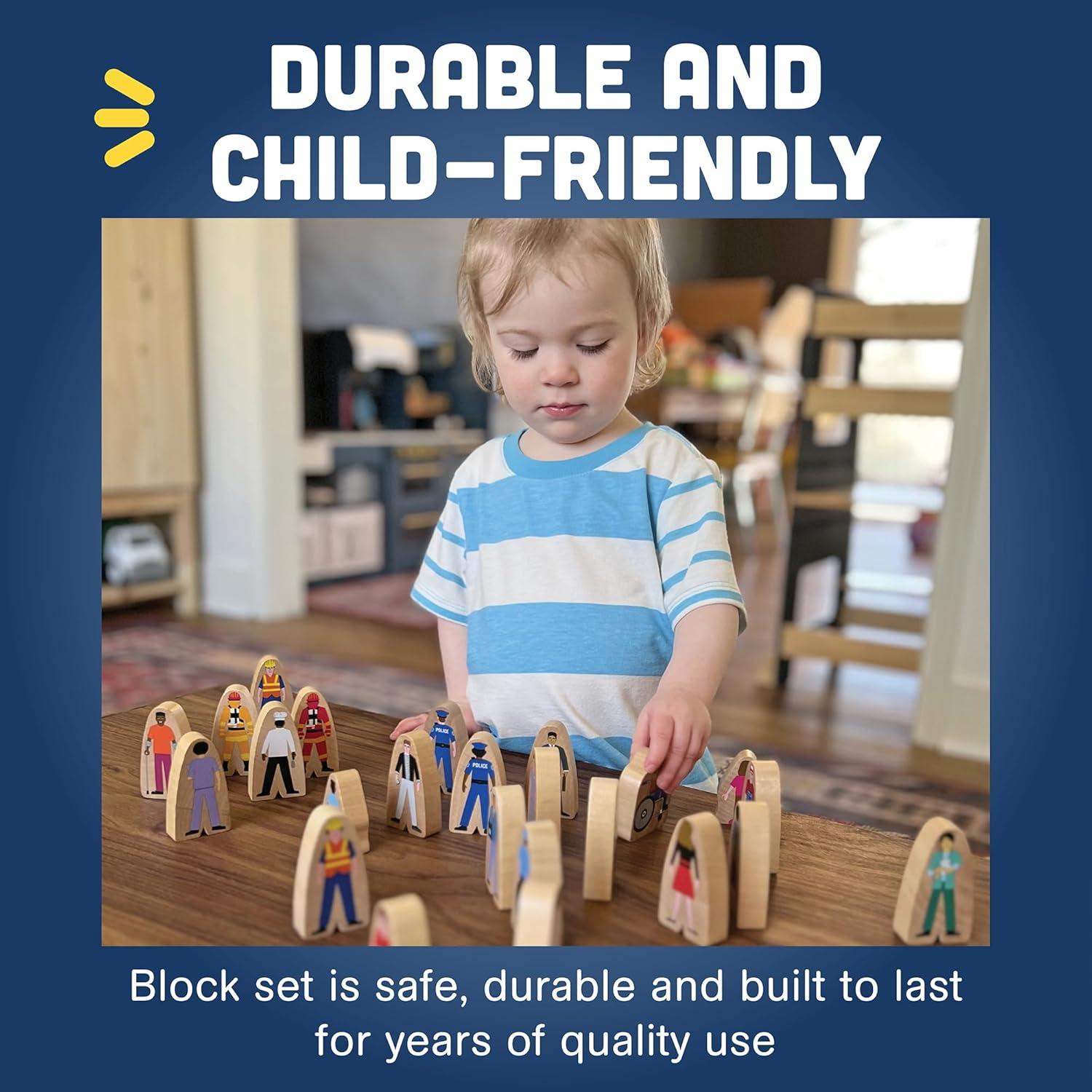 Constructive Playthings Wooden Community Helpers 25-Piece Wood Block Play Figurine Set, Freestanding Inclusive and Diverse Wood Toy Figures for Kids Ages 3+