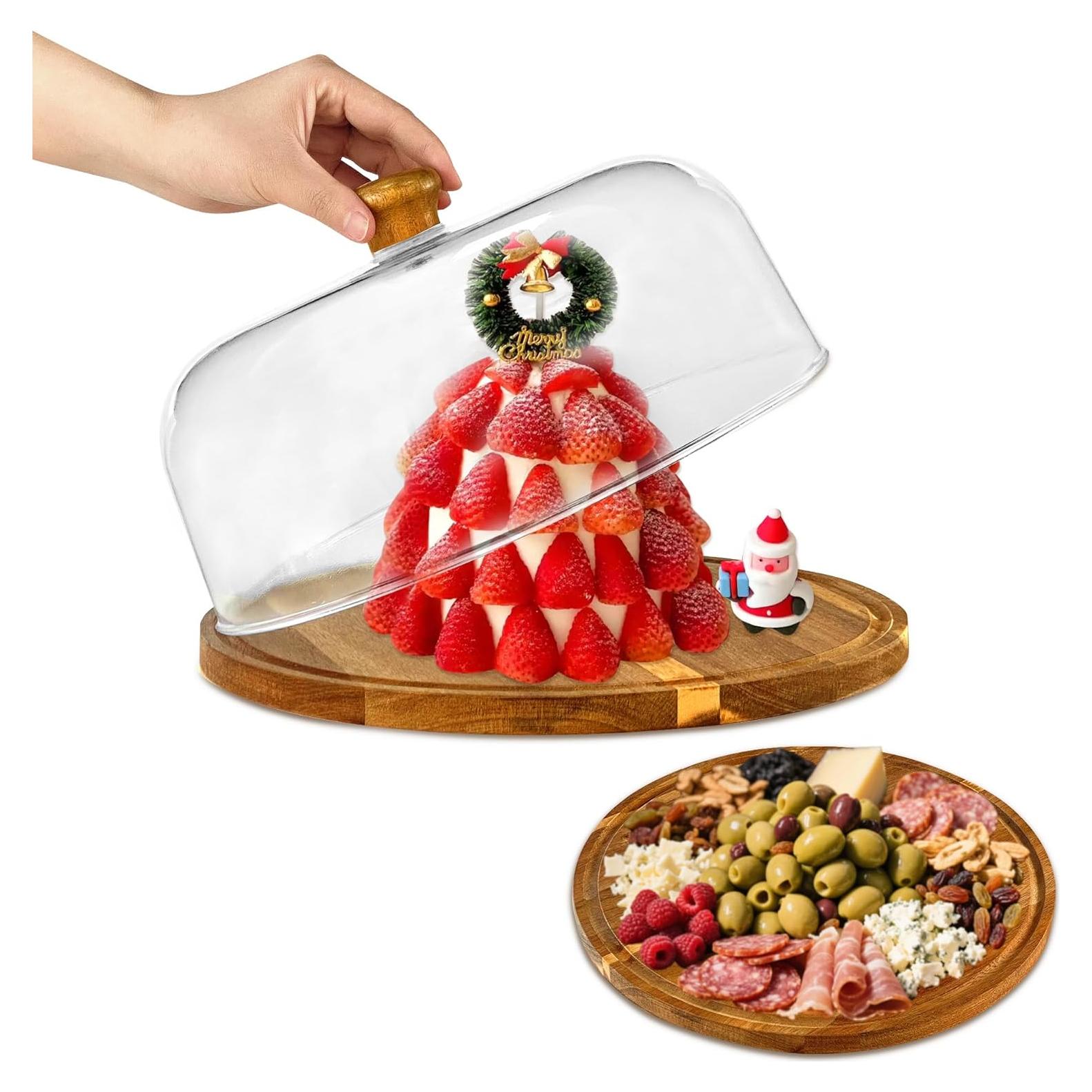 Soporte de Pastel de Acacia con Tapa Acrílica 29.5 cm