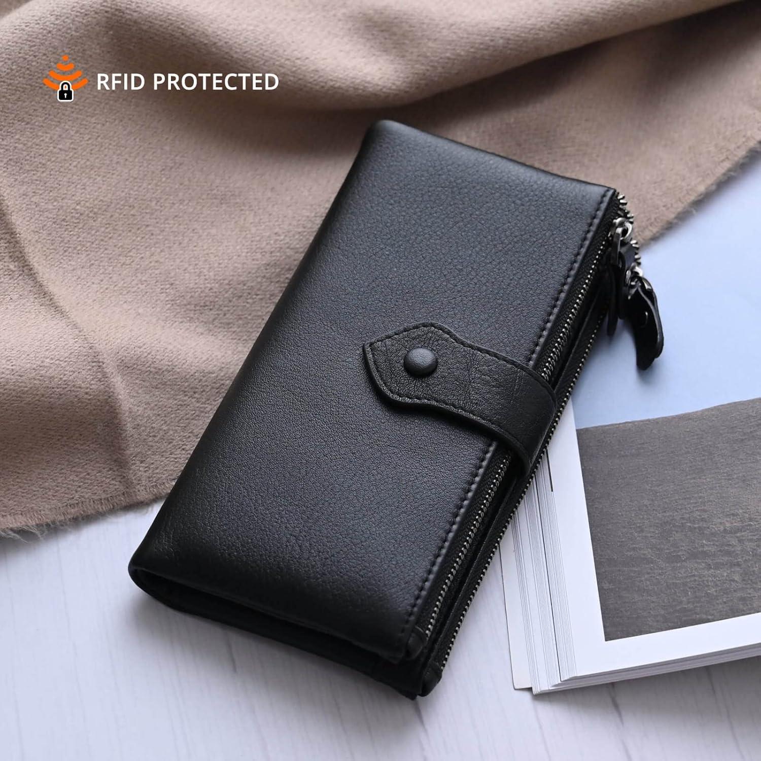 Cartera Bveyzi Bifold Slim de Cuero para Mujeres con Bloqueo RFID