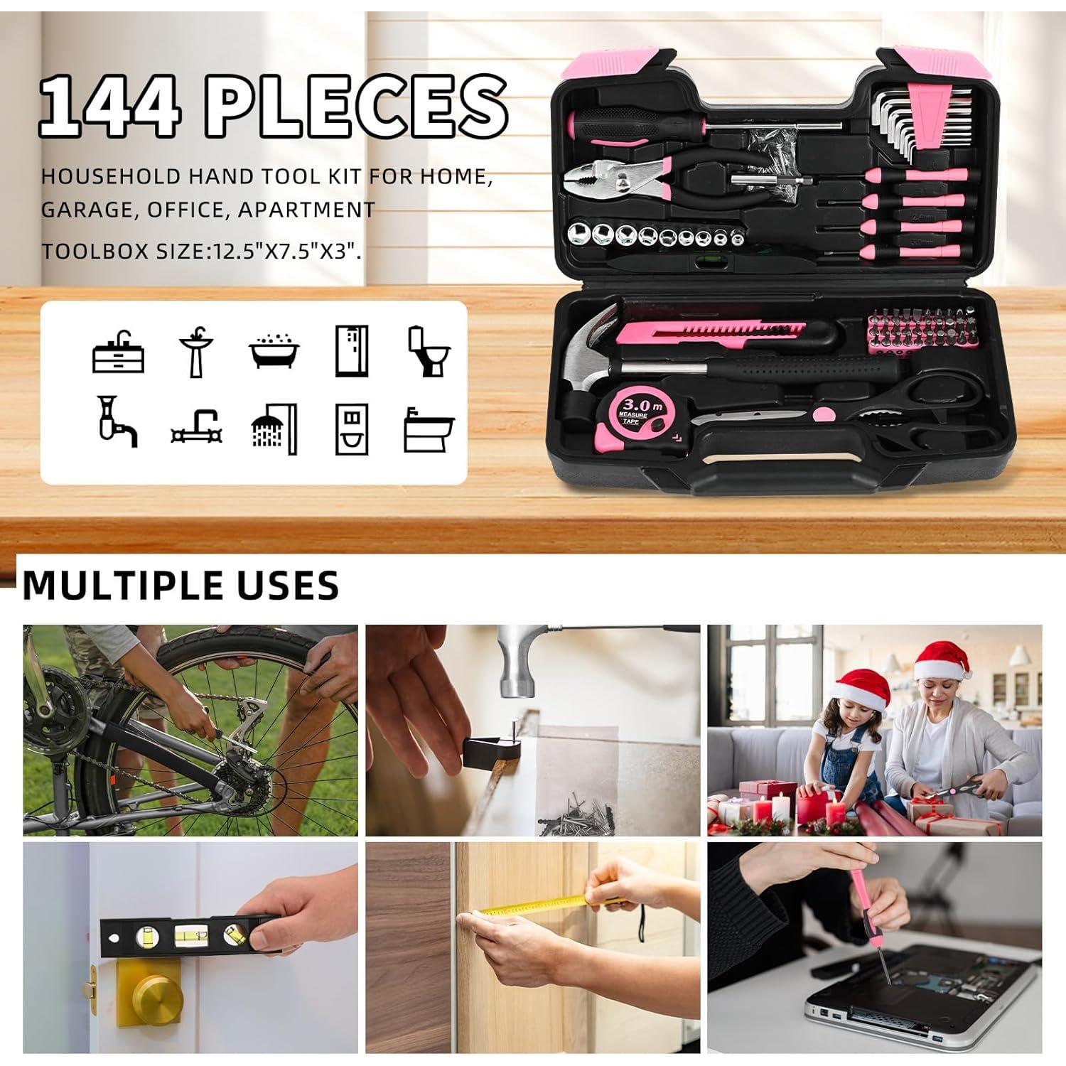 Kit de Herramientas Rosa 144 Piezas GETFOO para Hogar