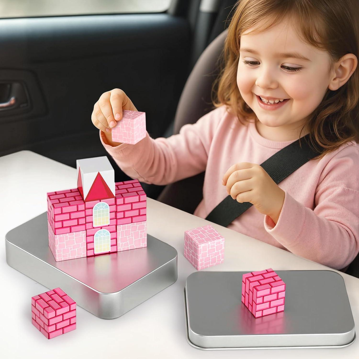 Bloques de Construcción Magnéticos 3 Nutrias - Castillo Rosa 12 Piezas