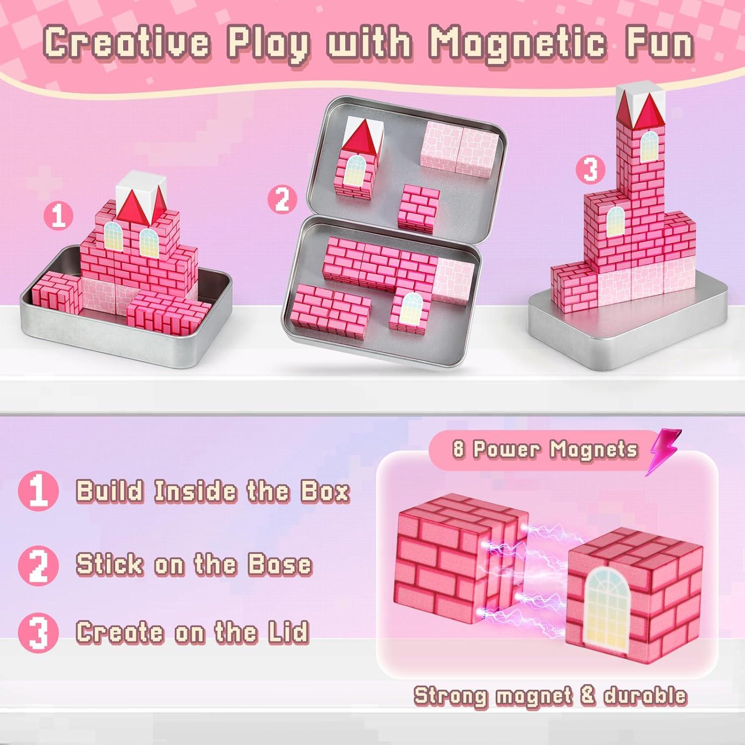 Bloques de Construcción Magnéticos 3 Nutrias - Castillo Rosa 12 Piezas