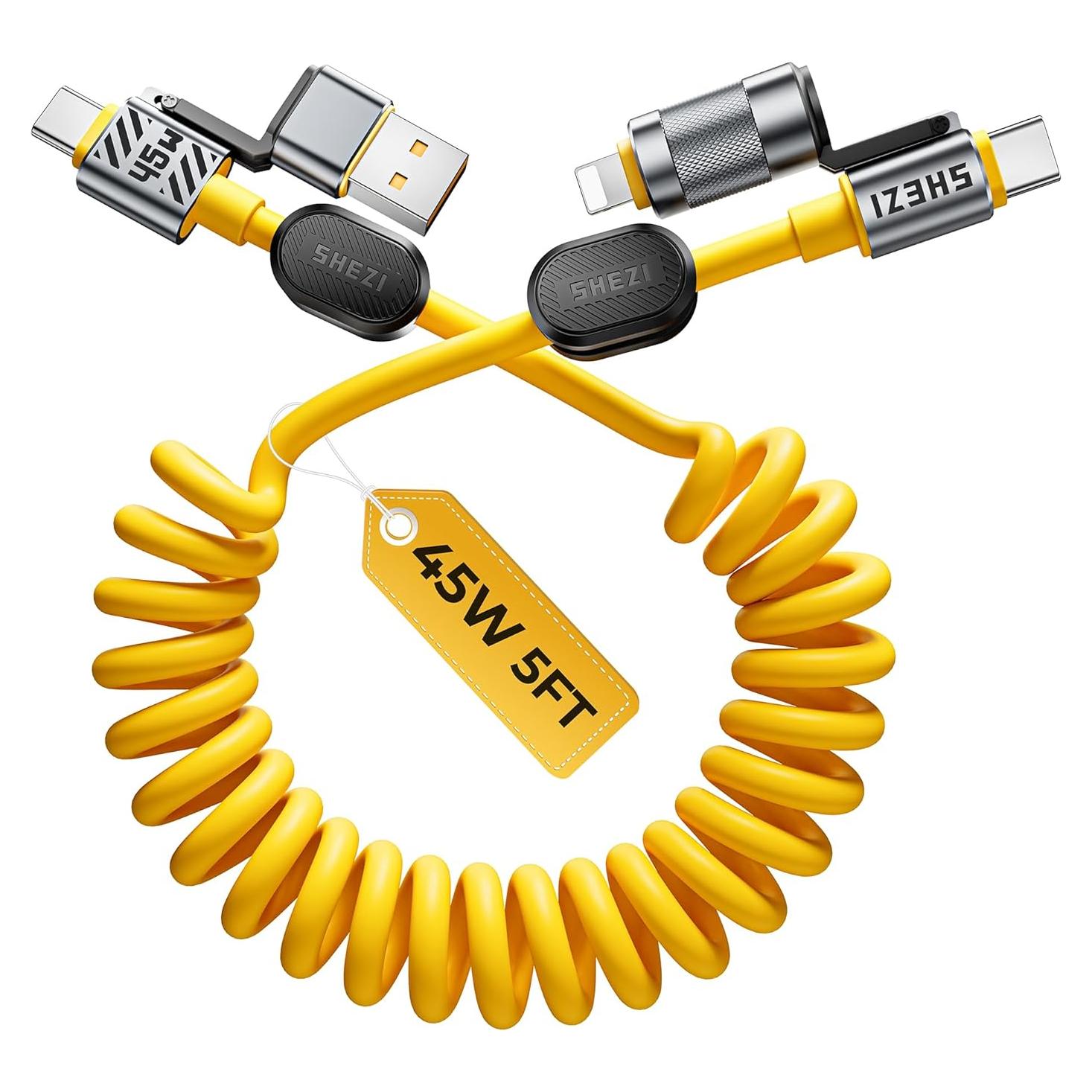 Cable Enrollado 4-en-1 Jixivor 45W USB C y Lightning 5FT