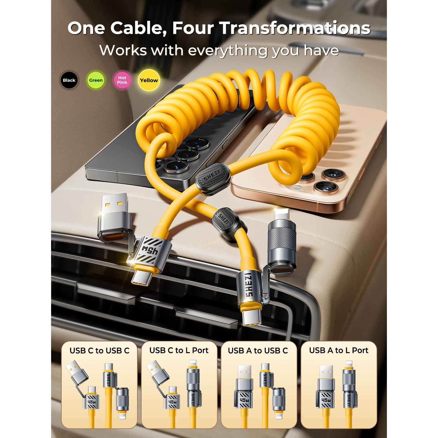 Cable Enrollado 4-en-1 Jixivor 45W USB C y Lightning 5FT