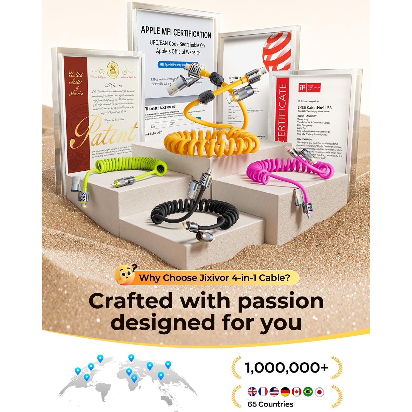 Cable Enrollado 4-en-1 Jixivor 45W USB C y Lightning 5FT