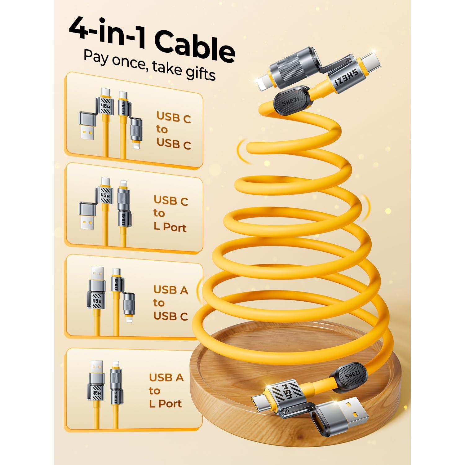 Cable Enrollado 4-en-1 Jixivor 45W USB C y Lightning 5FT