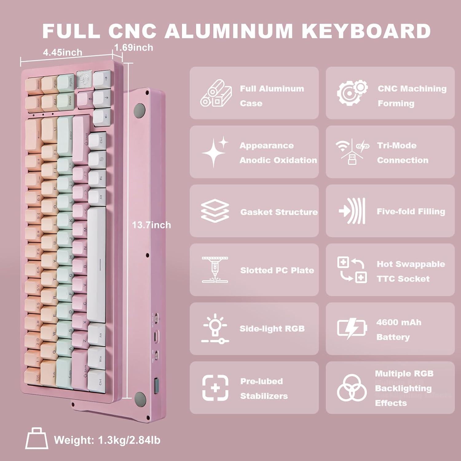 YUNZII AL71 75% Mechanical Keyboard,Full Aluminum CNC,Hot Swappable Gasket,2.4GHz Wireless BT5.0/USB-C Wired,NKRO Programmable RGB Backlight Creamy Typing for Win/Mac(Pink, Crystal White Switch)