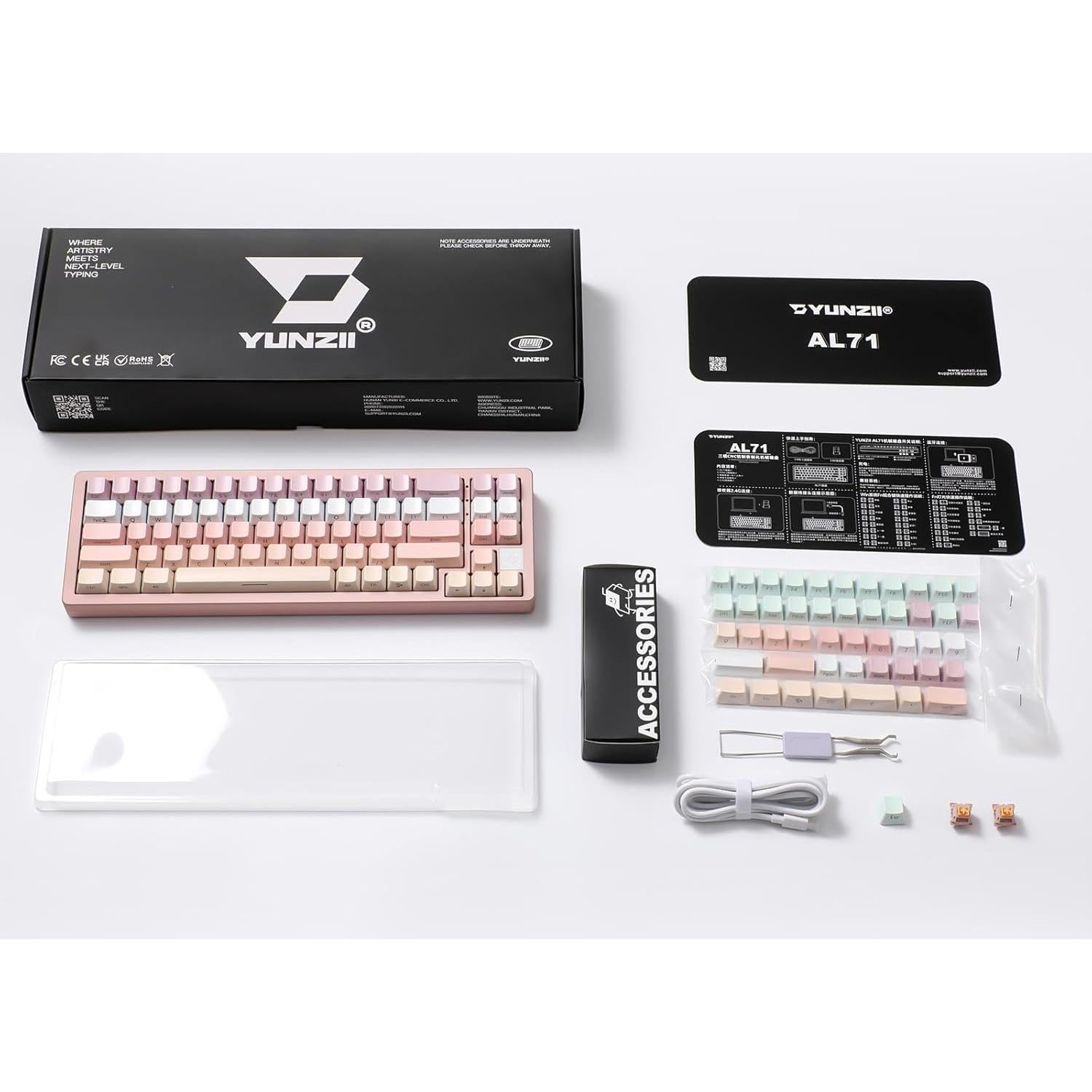 YUNZII AL71 75% Mechanical Keyboard,Full Aluminum CNC,Hot Swappable Gasket,2.4GHz Wireless BT5.0/USB-C Wired,NKRO Programmable RGB Backlight Creamy Typing for Win/Mac(Pink, Crystal White Switch)