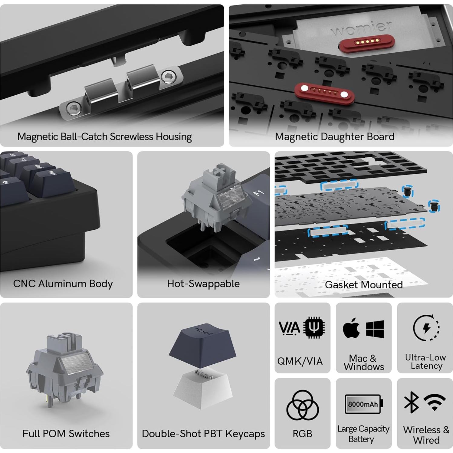 Teclado Inalámbrico Womier RD75 Pro 75% Aluminio RGB Negro