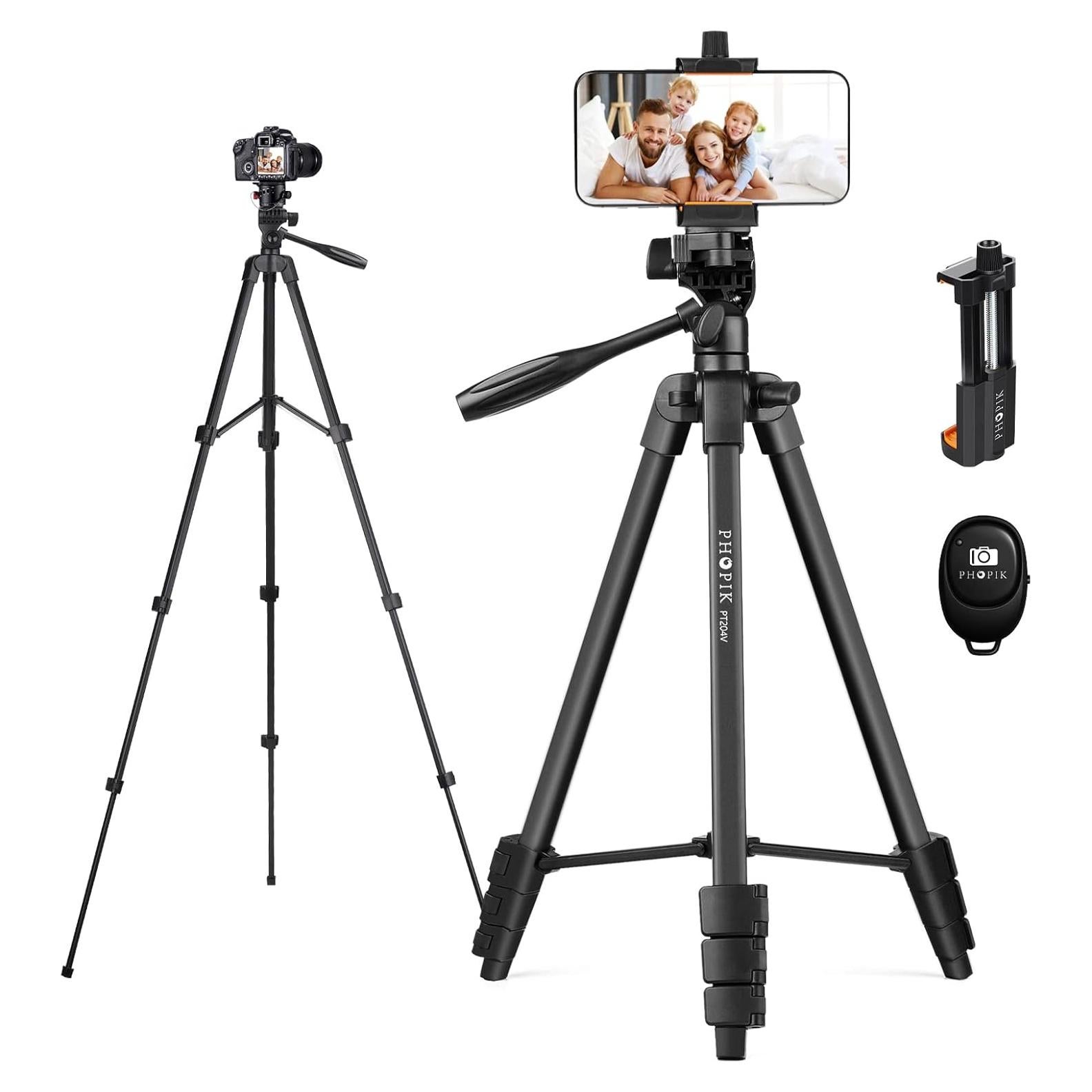 55" Phone Tripod, PHOPIK Aluminum Extendable Tripod Stand with Shutter, Carrying Bag, Compatible with iPhone/Android/Sport Camera&Insta 360 x5 Perfect for Video Recording/Selfies/Live Stream/Vlogging