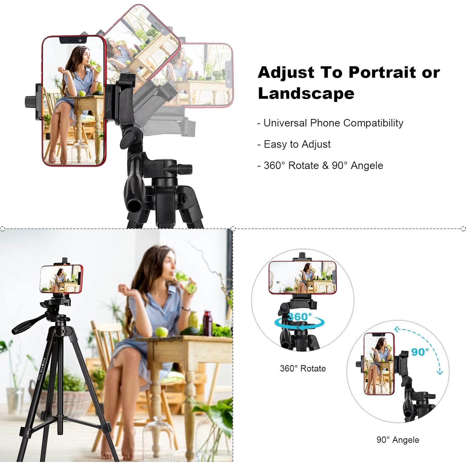 55" Phone Tripod, PHOPIK Aluminum Extendable Tripod Stand with Shutter, Carrying Bag, Compatible with iPhone/Android/Sport Camera&Insta 360 x5 Perfect for Video Recording/Selfies/Live Stream/Vlogging