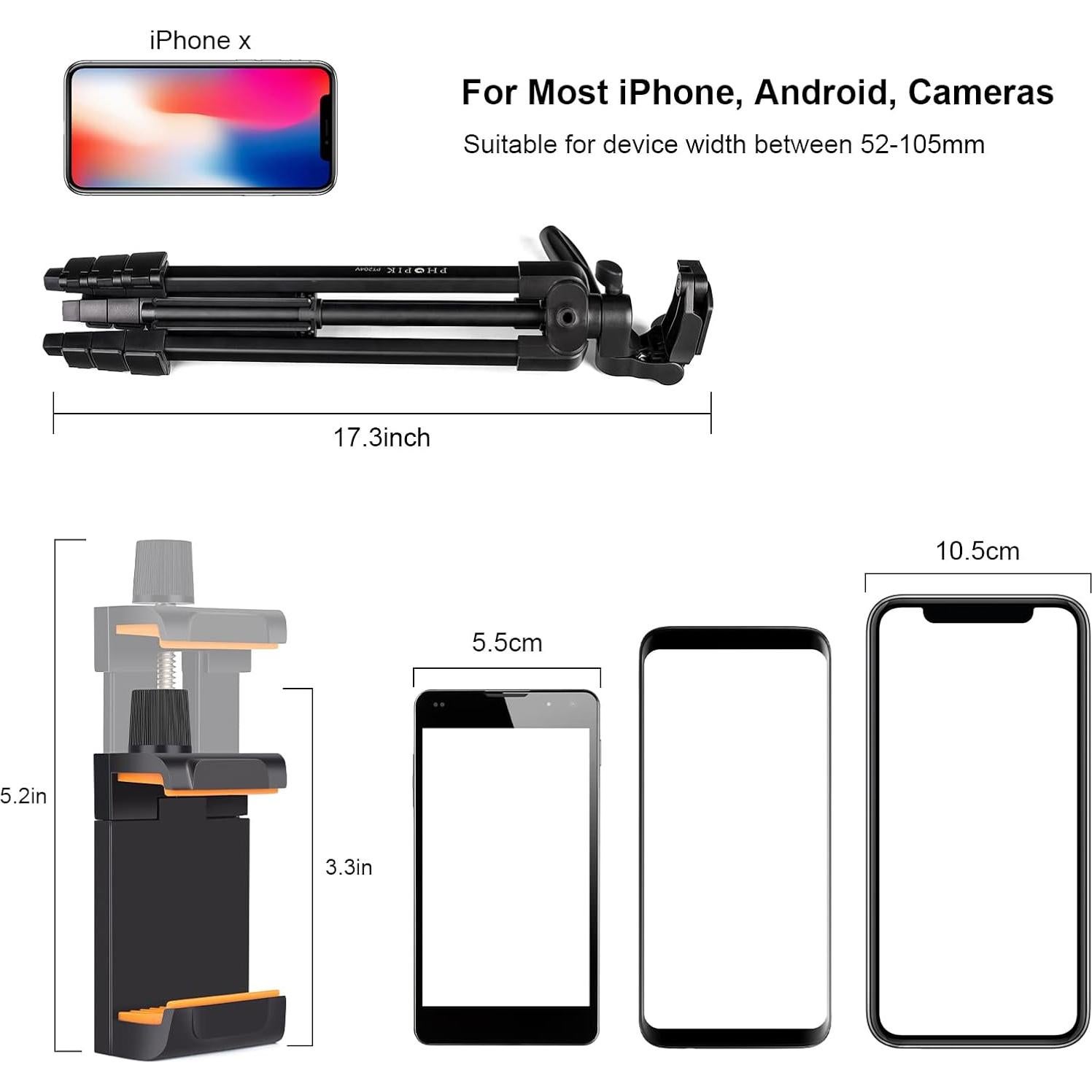 55" Phone Tripod, PHOPIK Aluminum Extendable Tripod Stand with Shutter, Carrying Bag, Compatible with iPhone/Android/Sport Camera&Insta 360 x5 Perfect for Video Recording/Selfies/Live Stream/Vlogging