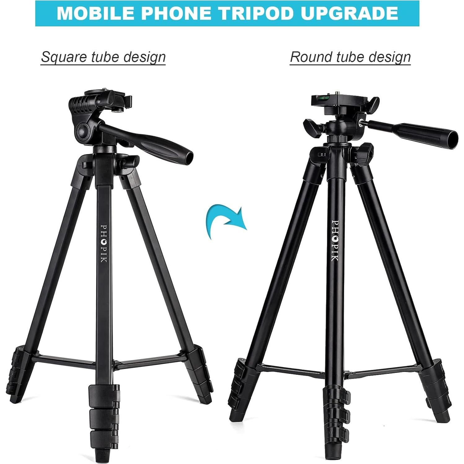 55" Phone Tripod, PHOPIK Aluminum Extendable Tripod Stand with Shutter, Carrying Bag, Compatible with iPhone/Android/Sport Camera&Insta 360 x5 Perfect for Video Recording/Selfies/Live Stream/Vlogging