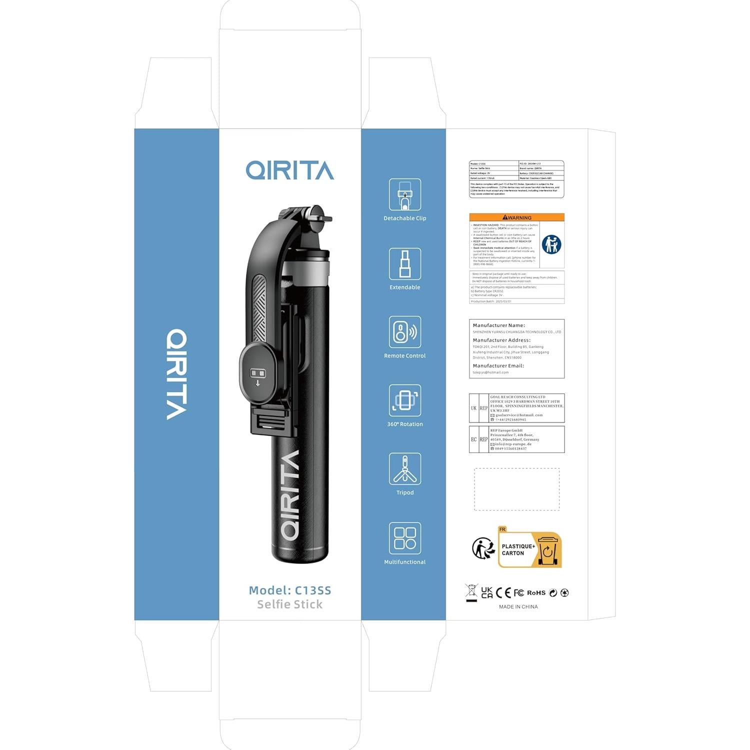 Selfie Stick y Trípode Qirita 52cm con Control Remoto