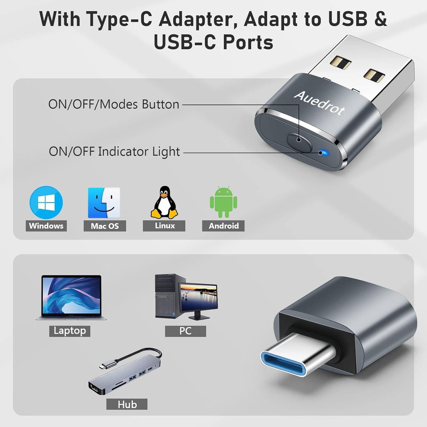Mouse Jiggler USB Indetectable con Adaptador USB-C Gris