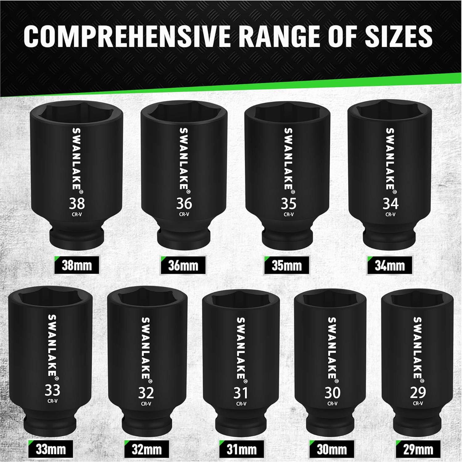 Juego de 9 Piezas Enchufe de Impacto 1/2" SWANLAKE Métrico