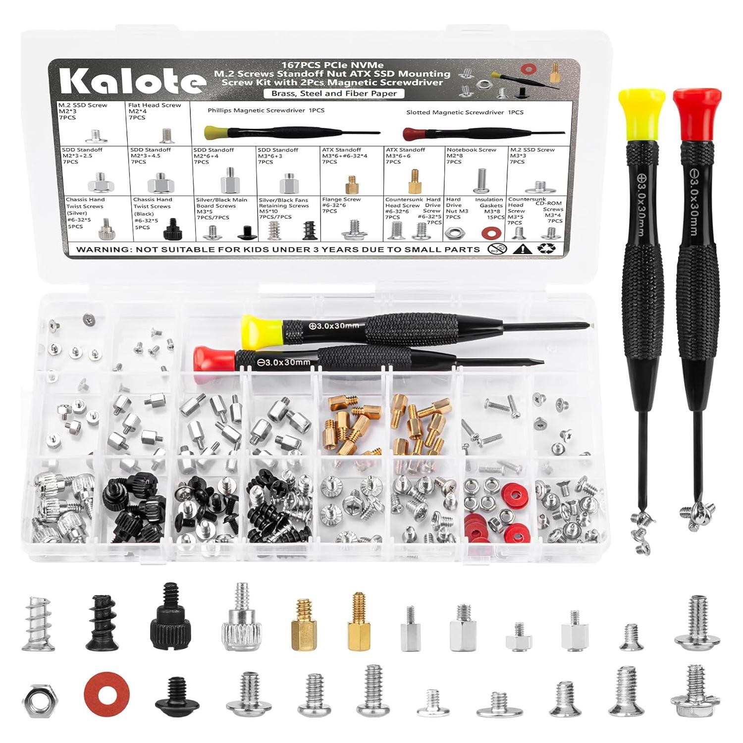 Kit de Tornillos para PC Kalote 167 Piezas M.2 SSD y ATX