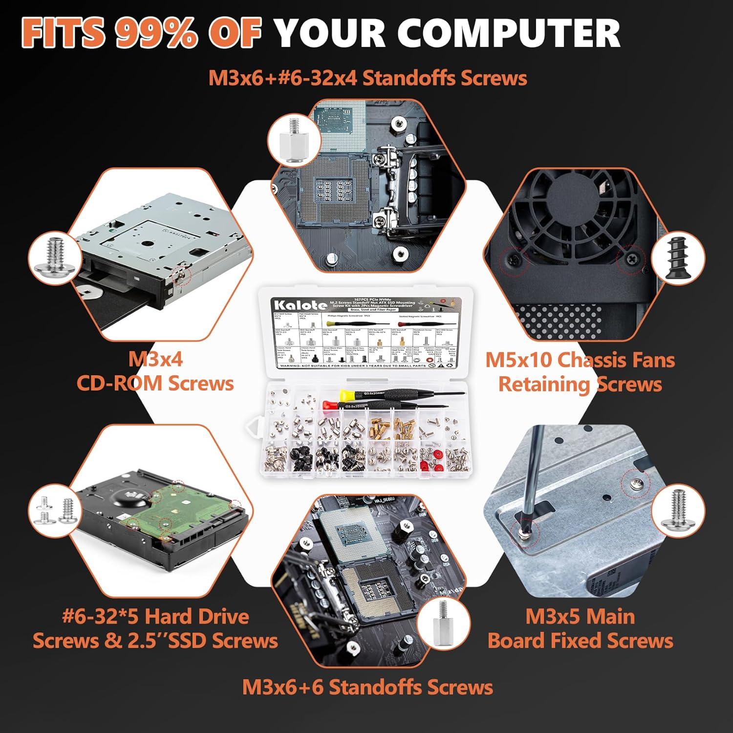 Kit de Tornillos para PC Kalote 167 Piezas M.2 SSD y ATX