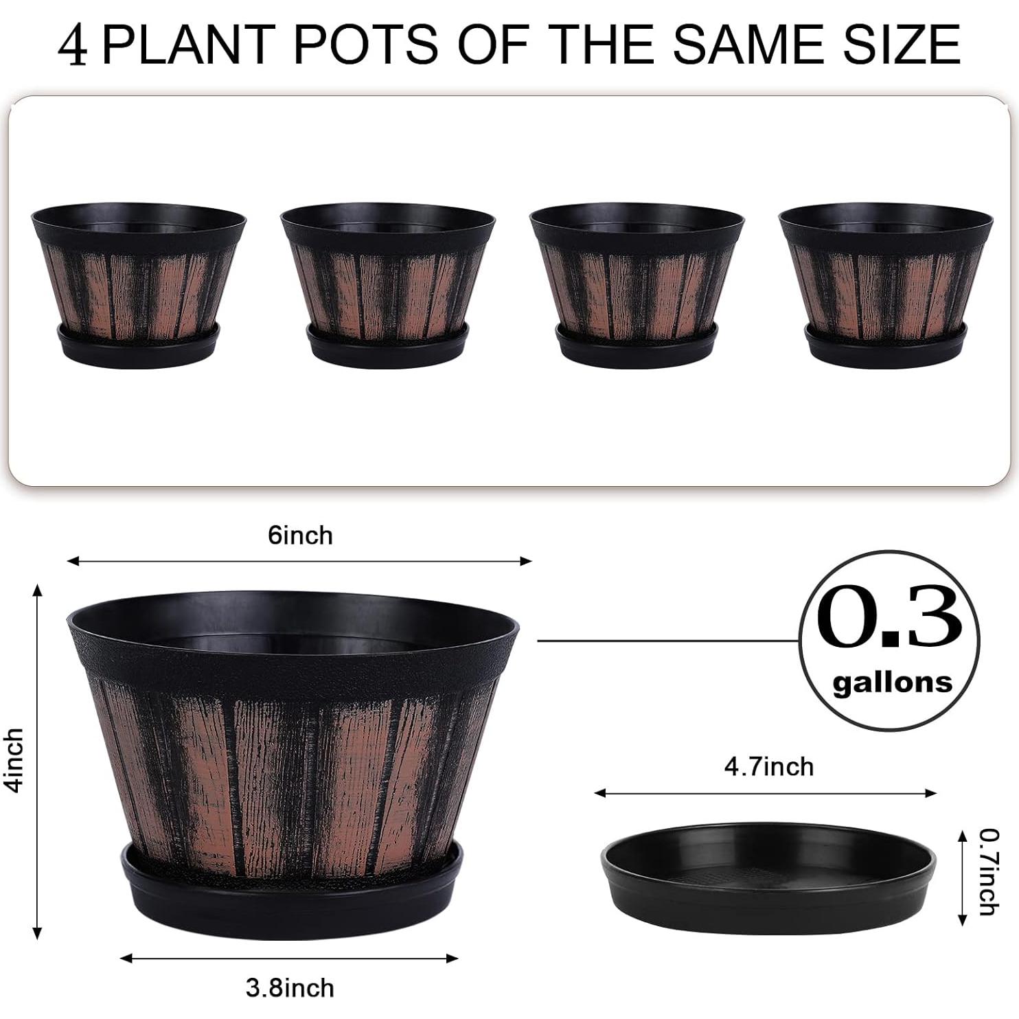 Juego de 4 Macetas de Barril Marrón Quarut 15 cm con Plato