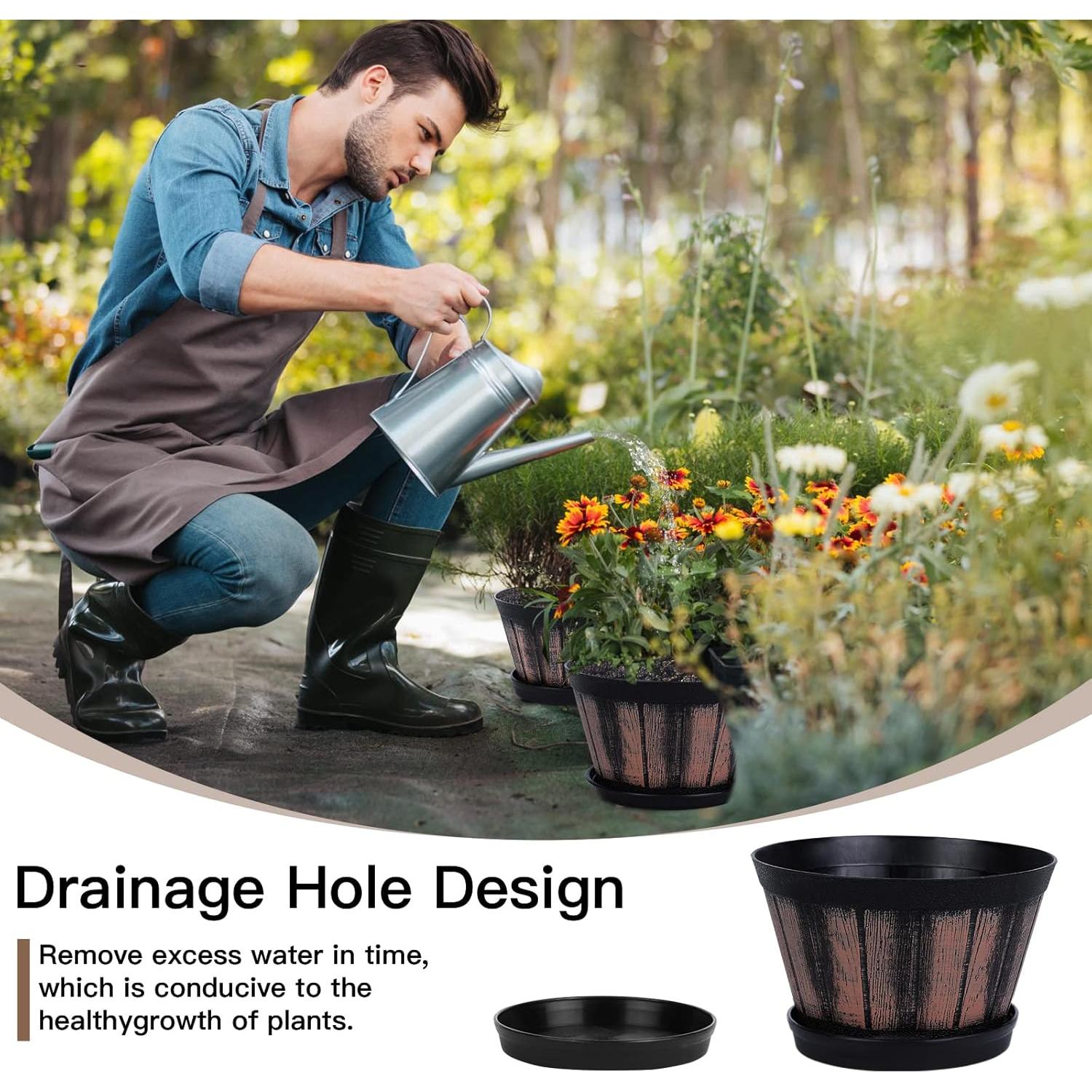 Juego de 4 Macetas de Barril Marrón Quarut 15 cm con Plato