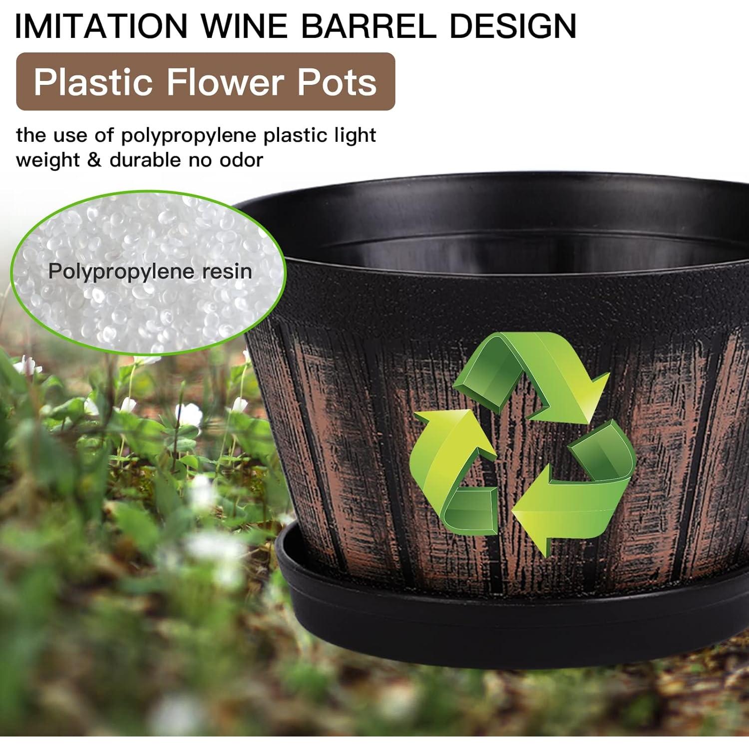 Juego de 4 Macetas de Barril Marrón Quarut 15 cm con Plato