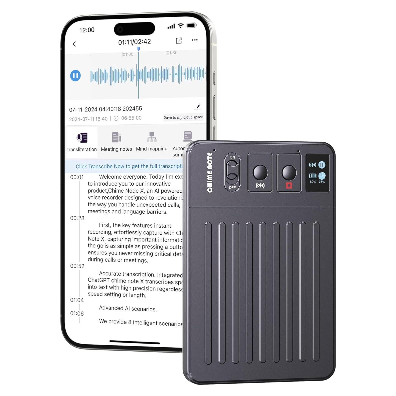 Grabadora de Voz Chime Note 64GB AI para Conferencias y Reuniones
