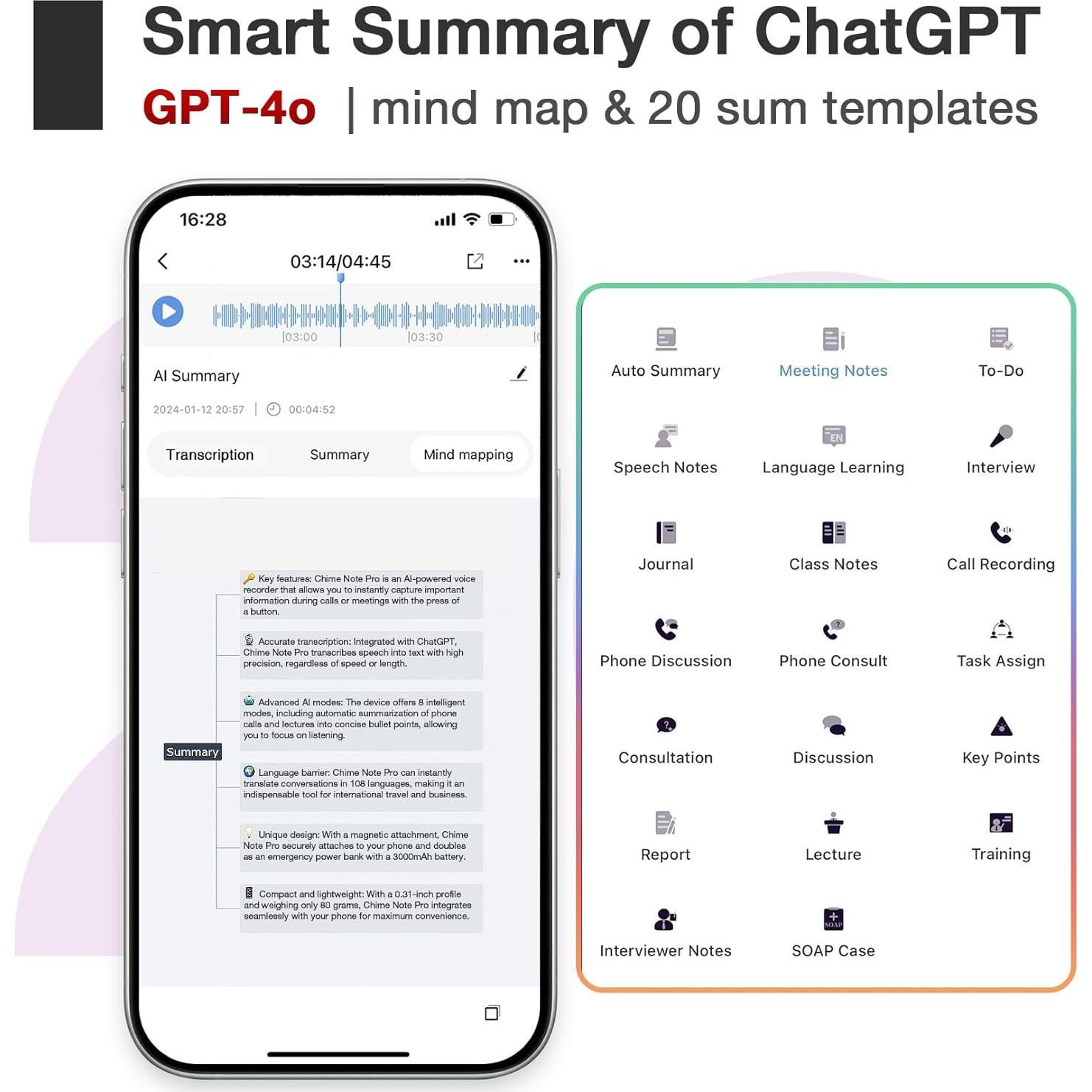 Grabadora de Voz Chime Note 64GB AI para Conferencias y Reuniones