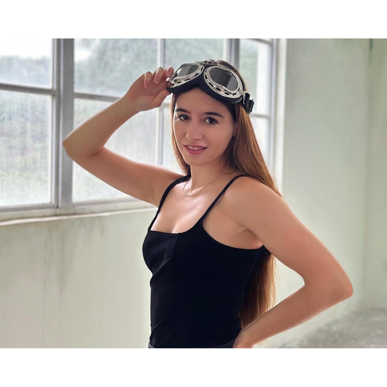 Gafas de Cosplay Steampunk Retro Piloto Negro Lente Transparente