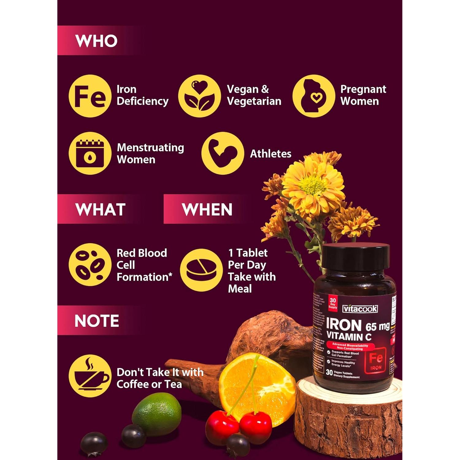 Suplemento de Hierro Vitacook 65mg con Vitamina C 250mg 30 Tabletas