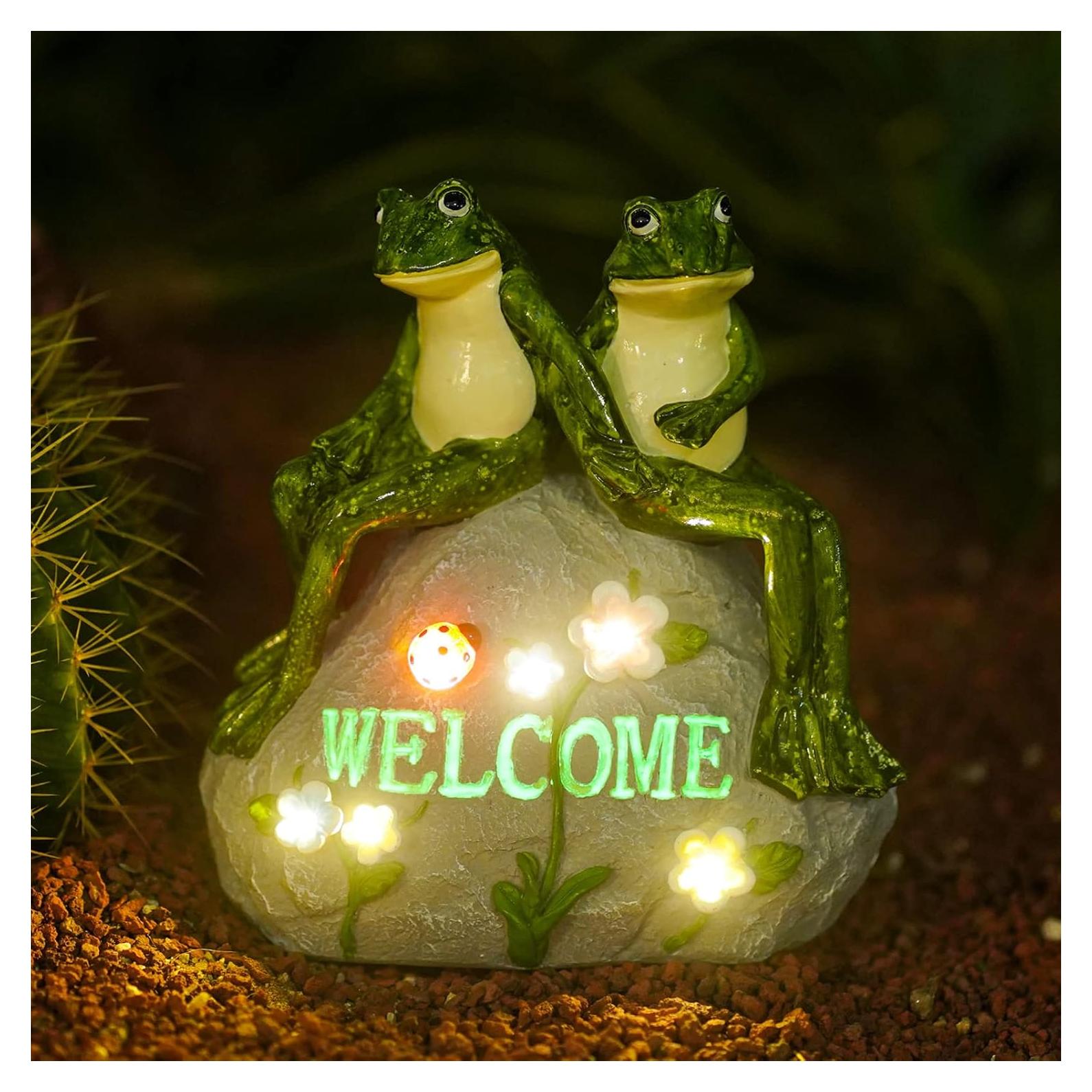 Estatua Solar de Rana Verde Nacome con Suculenta y 7 Luces LED