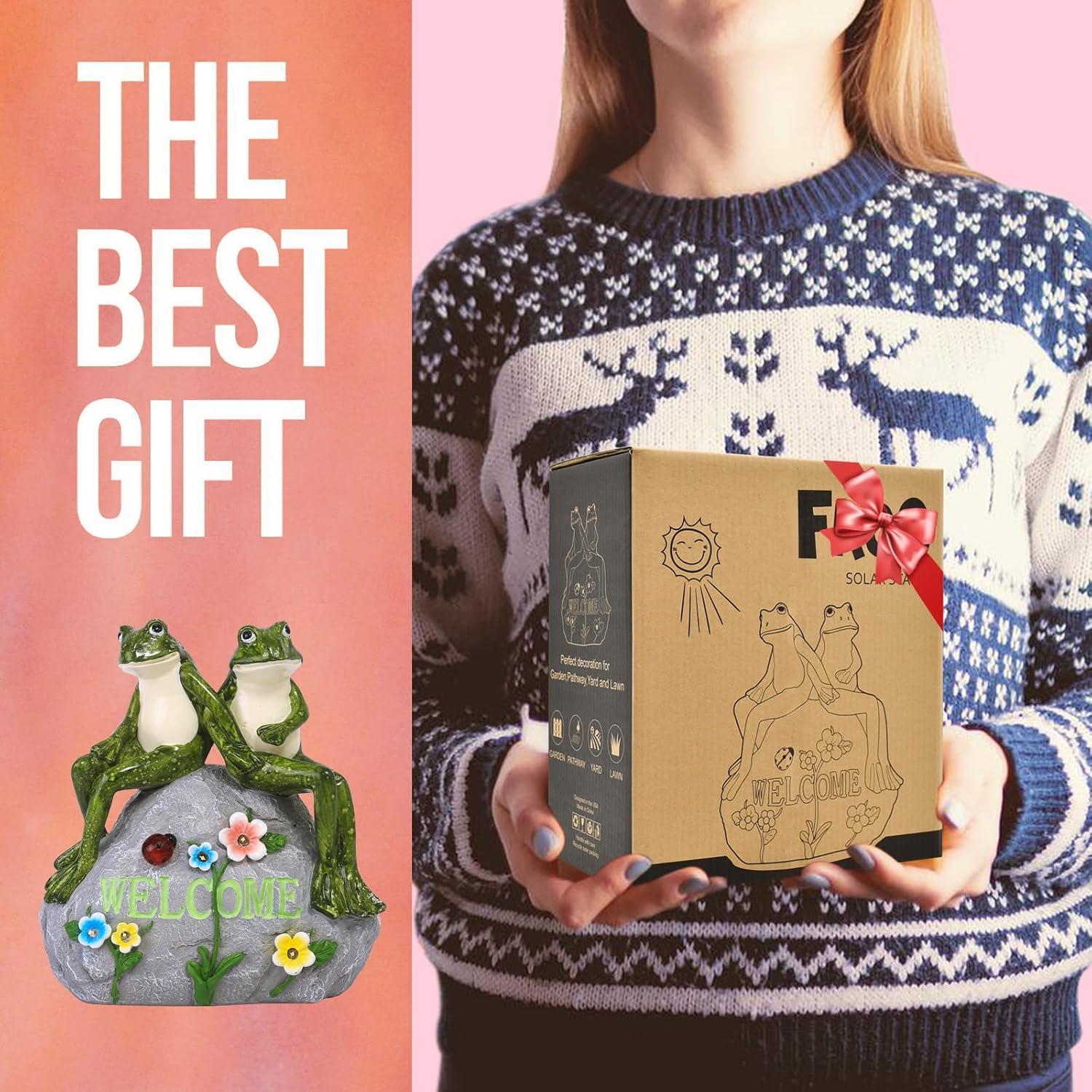 Estatua Solar de Rana Verde Nacome con Suculenta y 7 Luces LED