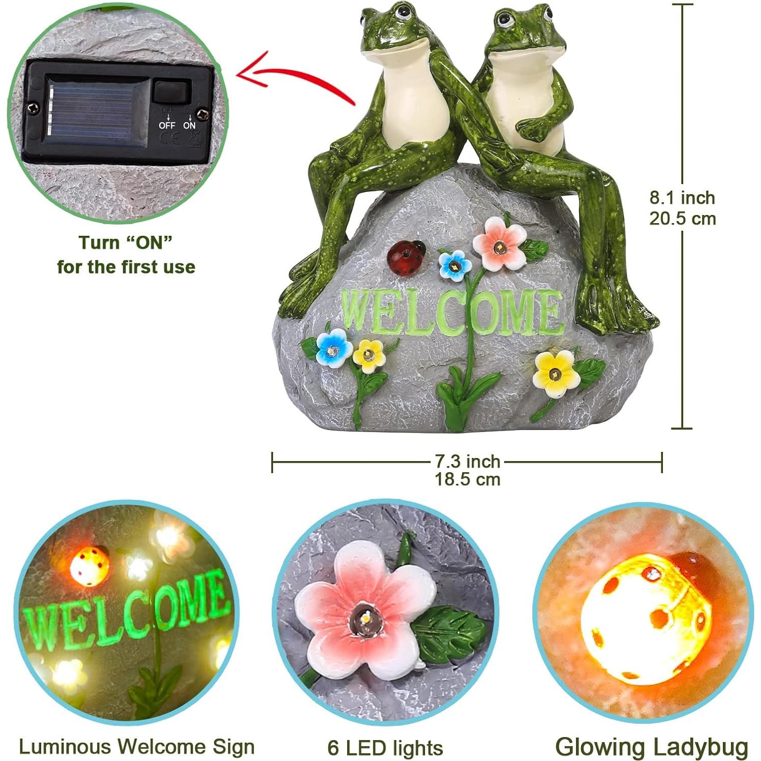 Estatua Solar de Rana Verde Nacome con Suculenta y 7 Luces LED