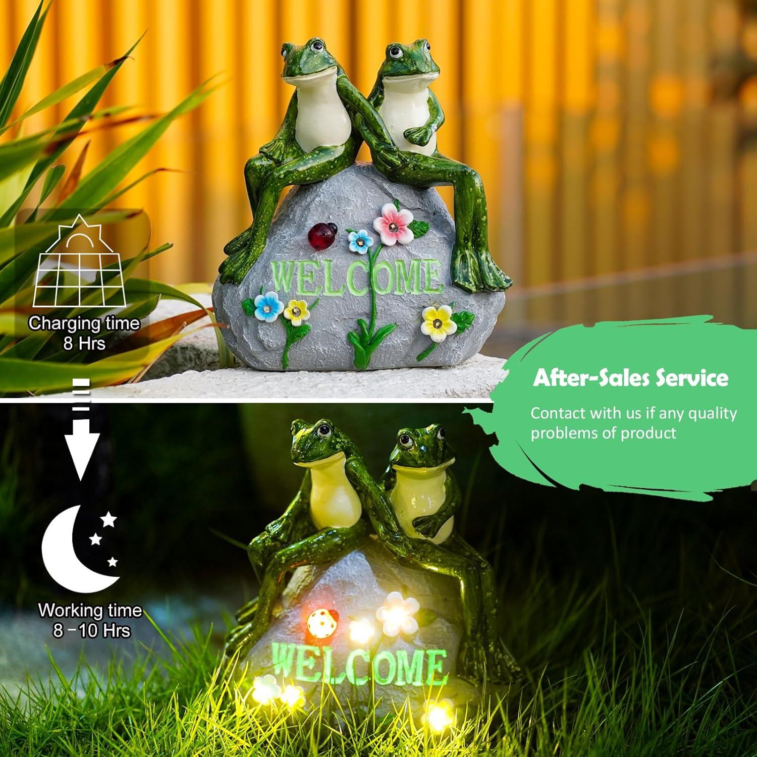 Estatua Solar de Rana Verde Nacome con Suculenta y 7 Luces LED
