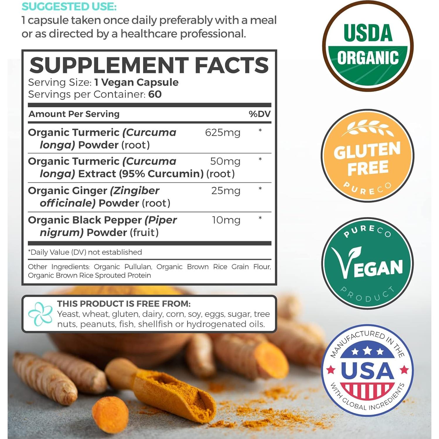 Suplemento Orgánico de Cúrcuma Jengibre Pimienta Negra - 60 Cápsulas Veganas