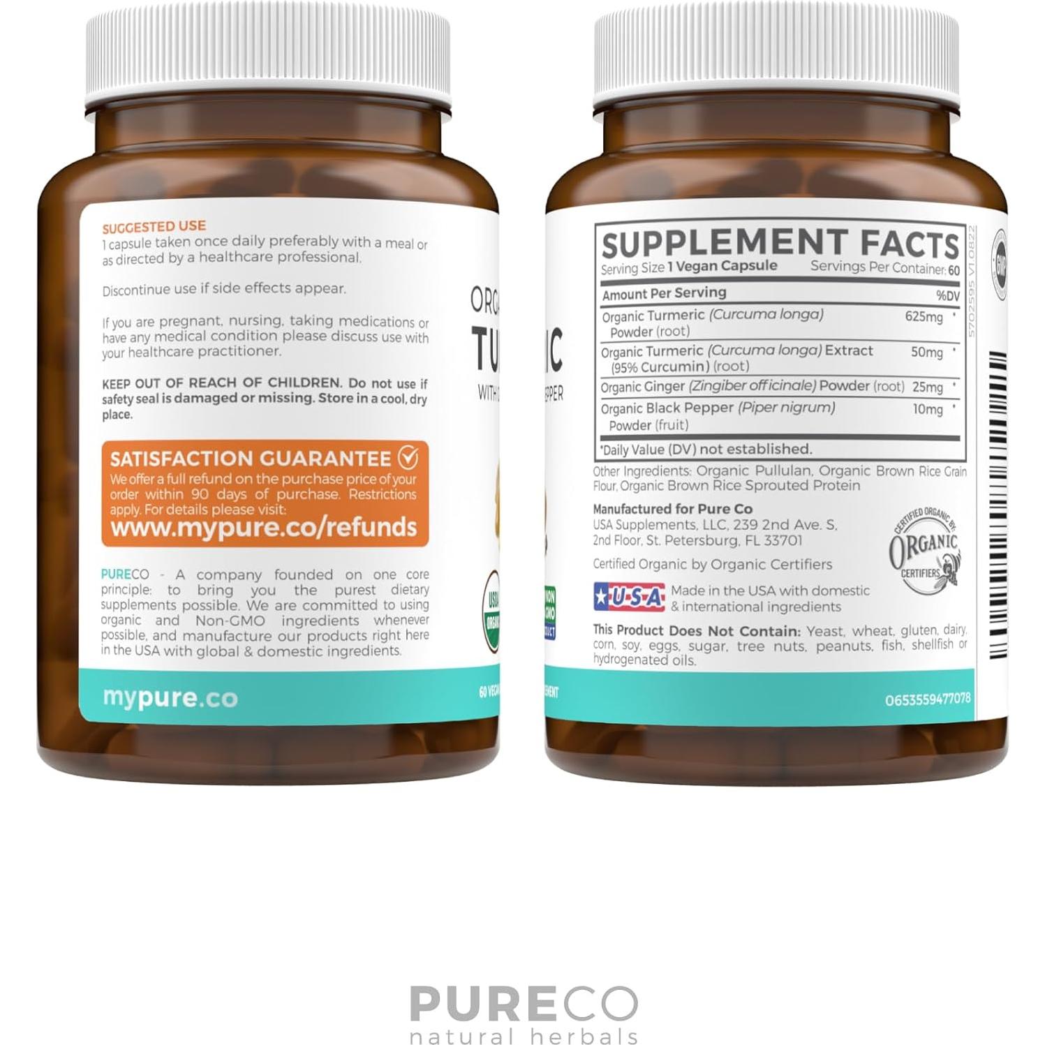 Suplemento Orgánico de Cúrcuma Jengibre Pimienta Negra - 60 Cápsulas Veganas