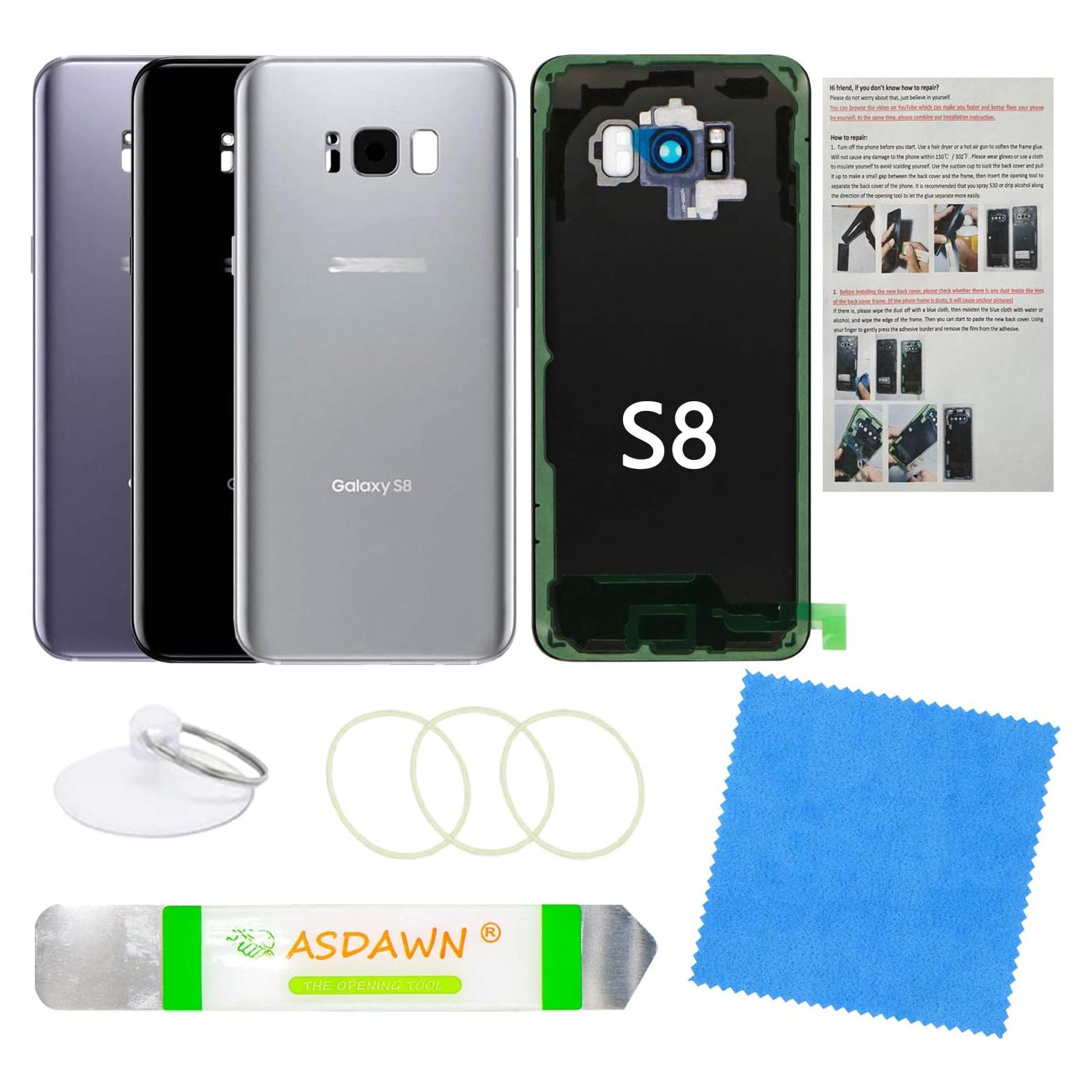 Galaxy S8 Replacement Back Glass Panel Case with Installation Manual + Pre-Installed Camera Lens + All The Adhesive + Repair Tool Kit for Samsung Galaxy S8 SM-G950 All Carriers (Arctic Silver)