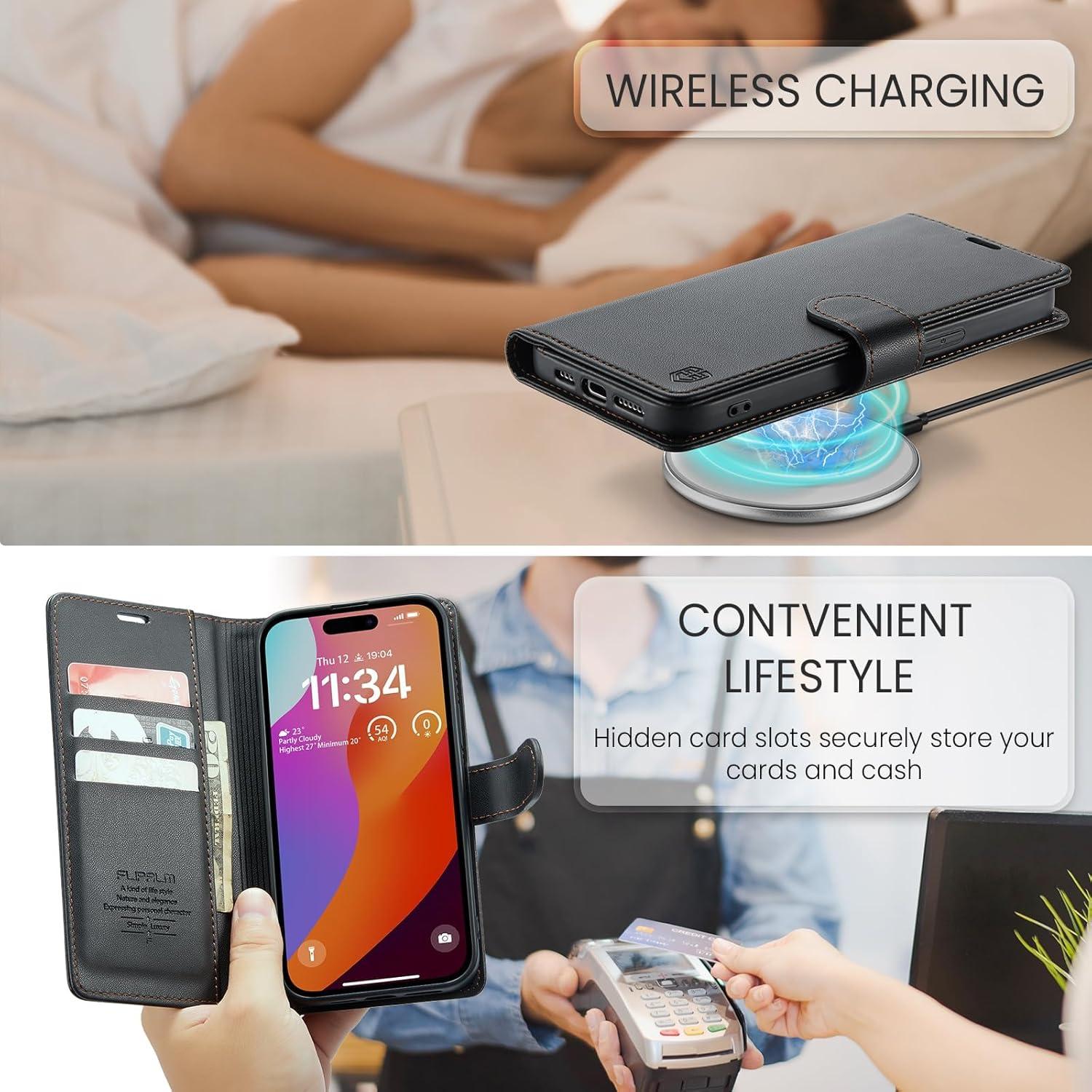 Funda billetera FLIPALM para iPhone 16 con bloqueo RFID - Negro